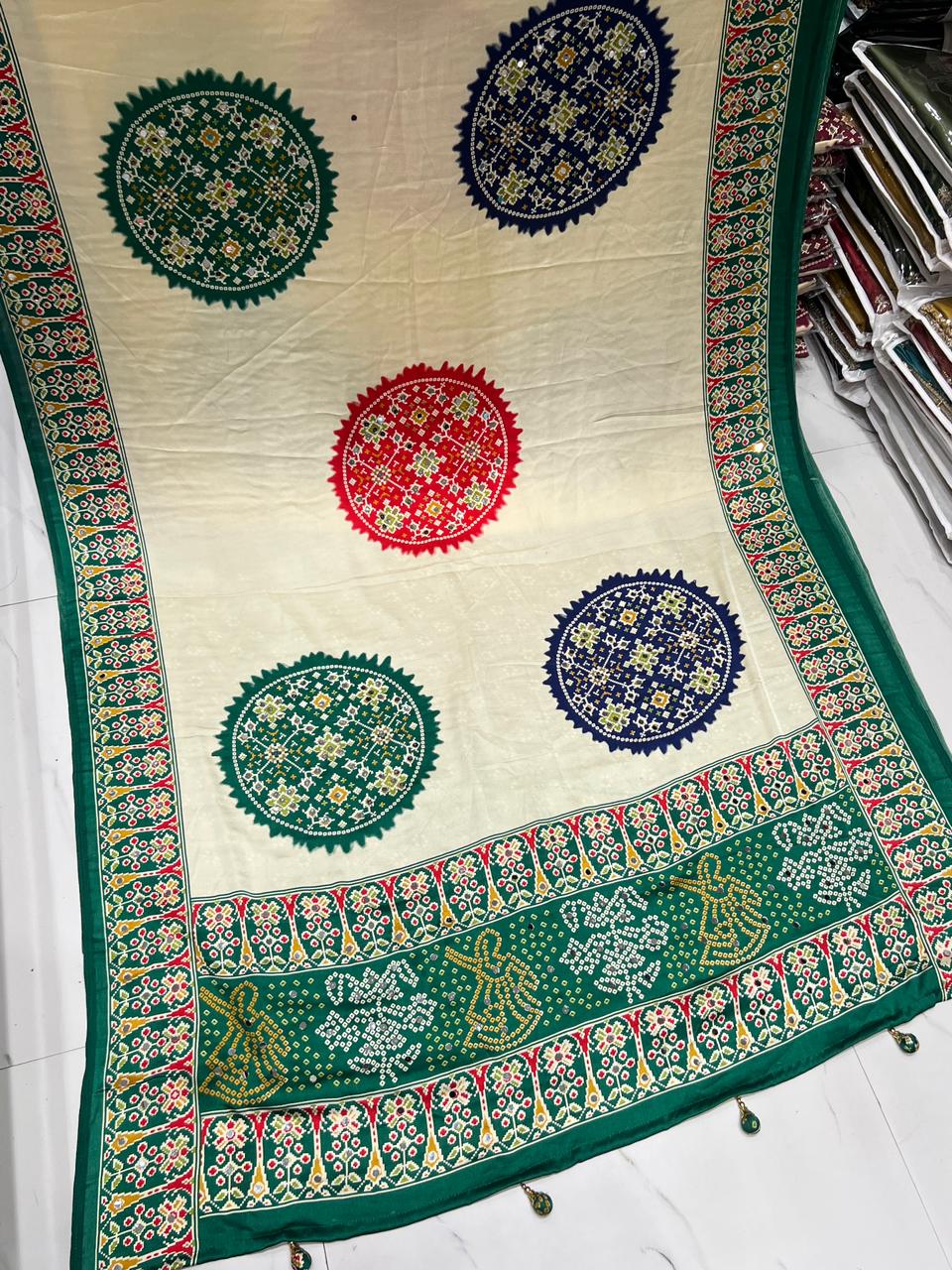 Outstanding Green And Cream Patola Ajrakh Real Mirror Modal Silk Saree ...