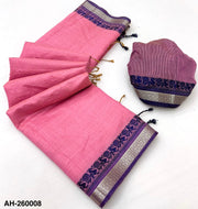 Blush pink Handloom Silk Saree with Contrast Border & Tussels