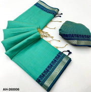 Turquise rama Handloom Silk Saree with Contrast Border & Tussels