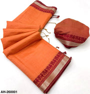 Pastel orange Handloom Silk Saree with Contrast Border & Tussels
