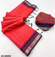 Light red Handloom Silk Saree with Contrast Border & Tussels
