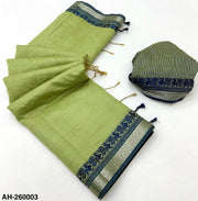 Pistacho Handloom Silk Saree with Contrast Border & Tussels