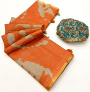 Sunrice Orange Printed Cotton Silk Saree With Blouse Piece