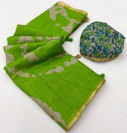 Grass Green Cotton Silk Saree With Blouse Piece