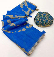 Teal Blue Printed Cotton Silk Saree With Blouse Piece