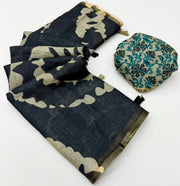 Charcoal Black Printed Cotton Silk Saree With Blouse Piece