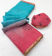 Teal Blue Berry Pink Linen Saree With Statement Pallu