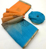 Mango Orange Aqua Teal Linen Saree With Statement Pallu