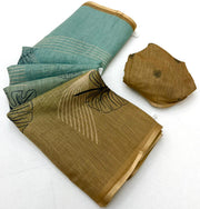Sea Green & Olive Brown Linen Saree With Statement Pallu