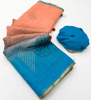 Peach Orange Turquoise Blue Linen Saree With Statement Pallu