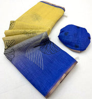 Royal Mustard Blue Linen Saree With Statement Pallu