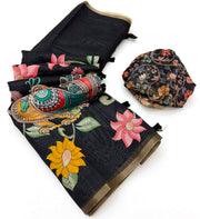 Midnight Black Chanderi Linen Designer Weave Saree