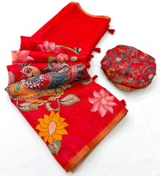 Vibrant Red Chanderi Linen Designer Weave Saree