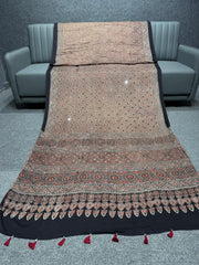 Ajrakh 100% Pure Modal silk Mirror Work Saree With Blouse