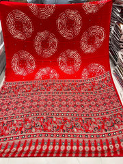 Red Ajrakh Circular Motif Real Mirror Semi Modal Silk Saree With Blouse