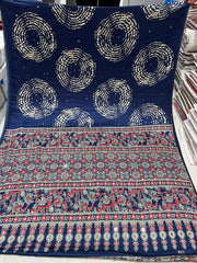 Navy Blue Ajrakh Circular Motif Real Mirror Semi Modal Silk Saree With Blouse