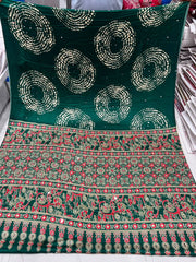 Greenish Ajrakh Circular Motif Real Mirror Semi Modal Silk Saree With Blouse