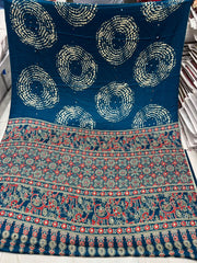 Indigo Ajrakh Circular Motif Real Mirror Semi Modal Silk Saree With Blouse