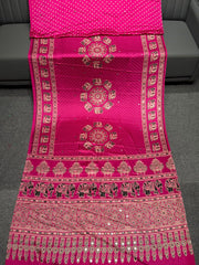 Megenta Pink Ajrakh Real Mirror Work Modal Silk Saree With Blouse