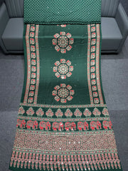 Sagle Green Ajrakh Real Mirror Work Modal Silk Saree With Blouse