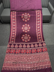 Wine Berry Ajrakh Real Mirror Work Modal Silk Saree With Blouse