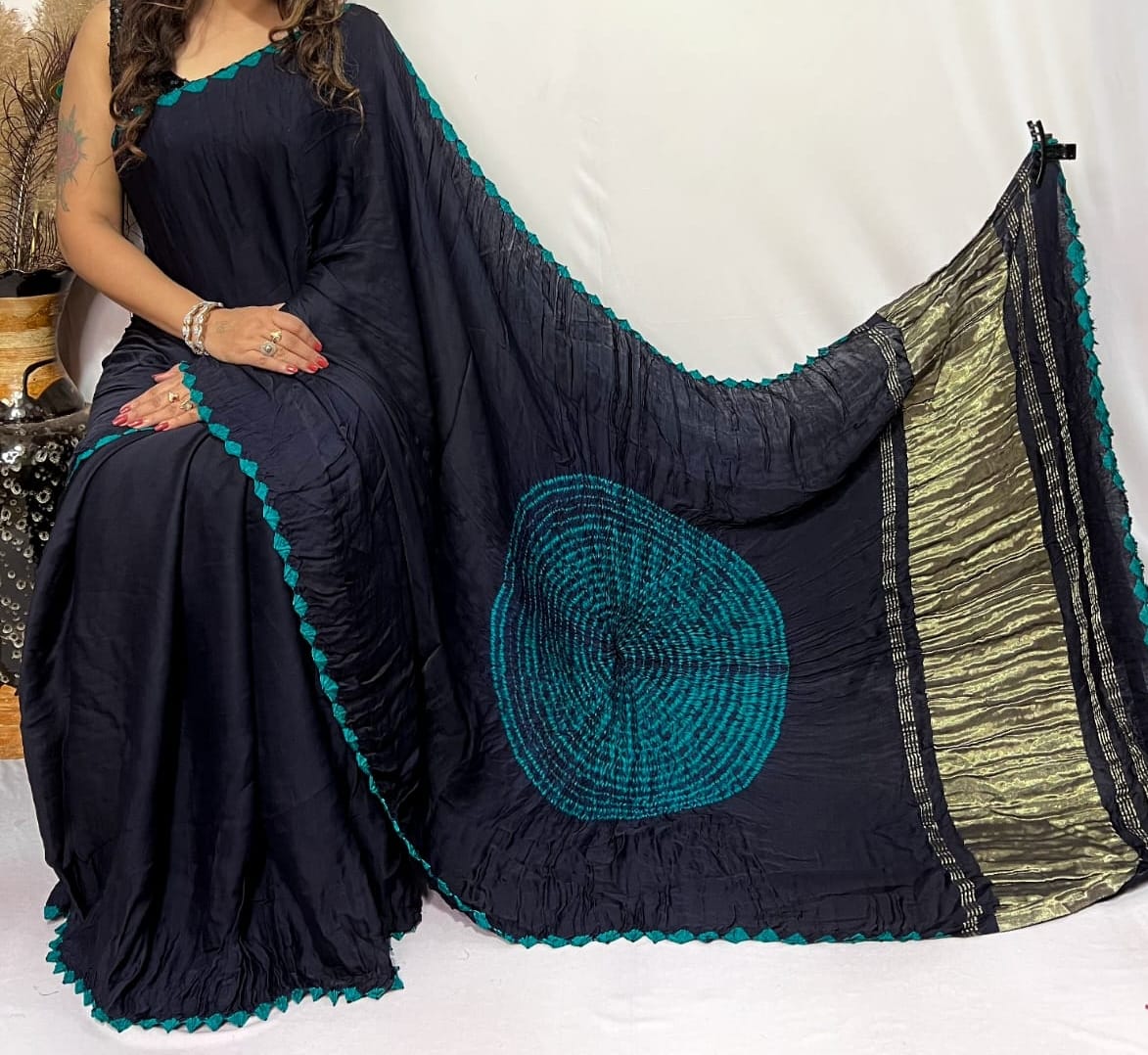 Black Shibori Bandhni Border Pure Modal Silk Plain Saree