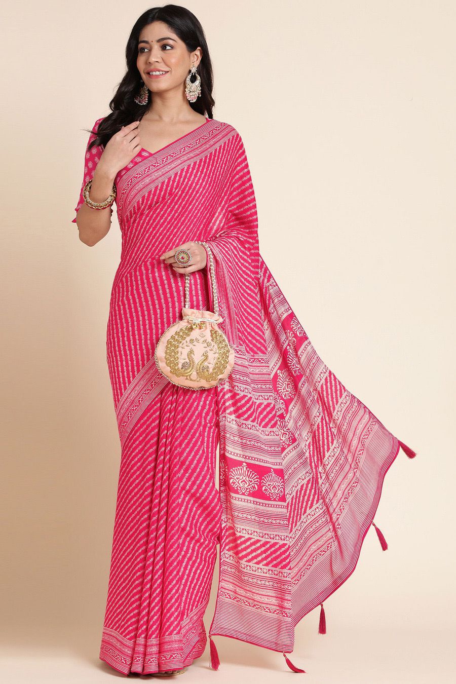 Pink & White Striped Leriya Printed Saree