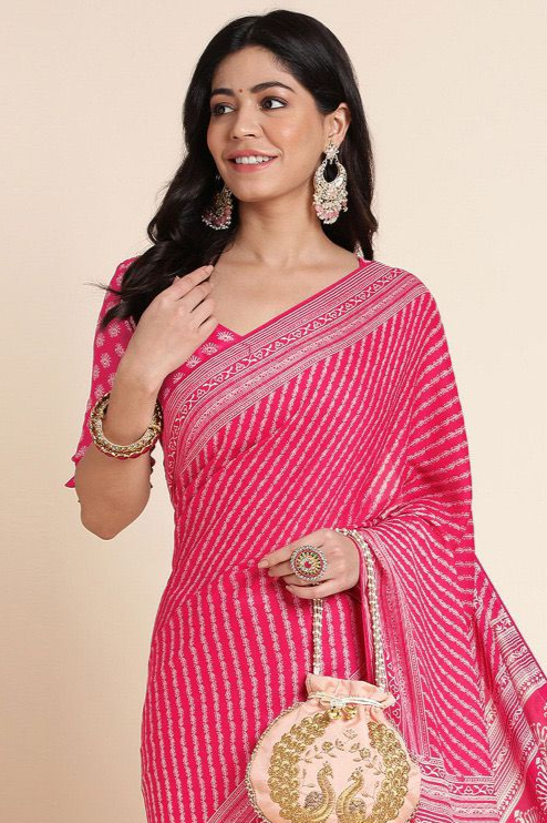 Pink & White Striped Leriya Printed Saree