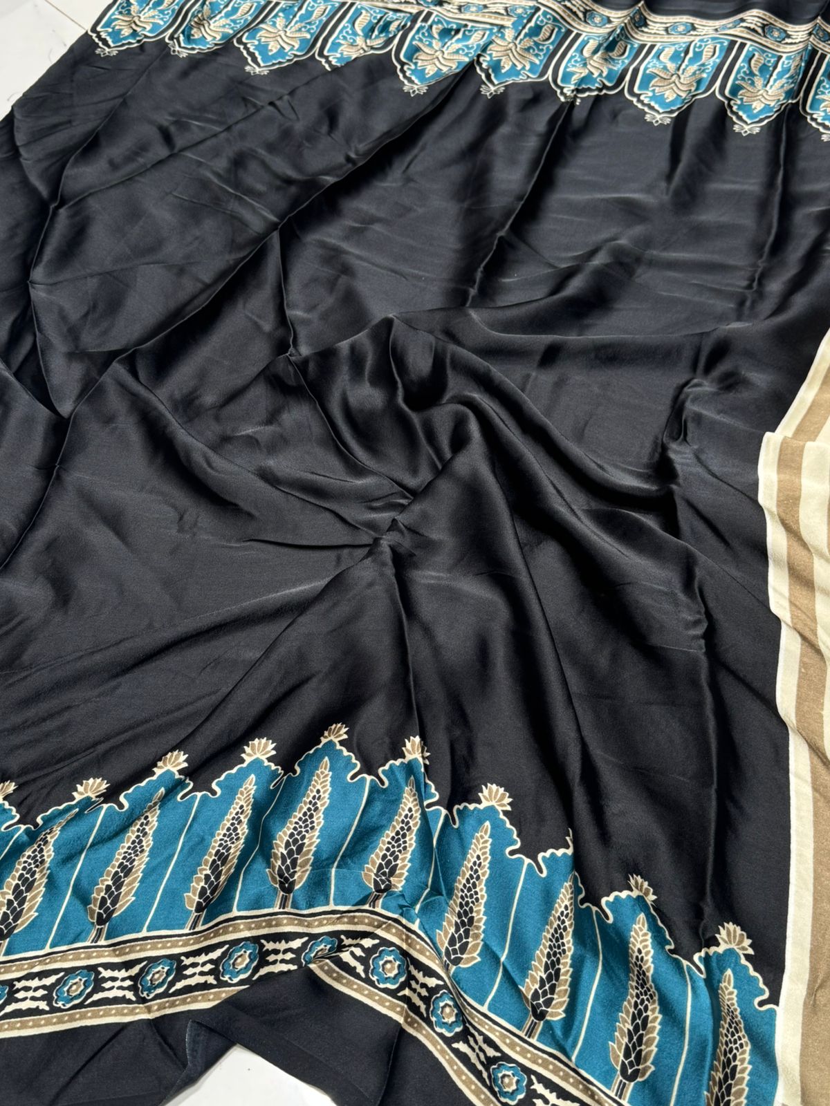 Creamy With Black Border Ajrakh Hand-Printed Modal Silk Saree