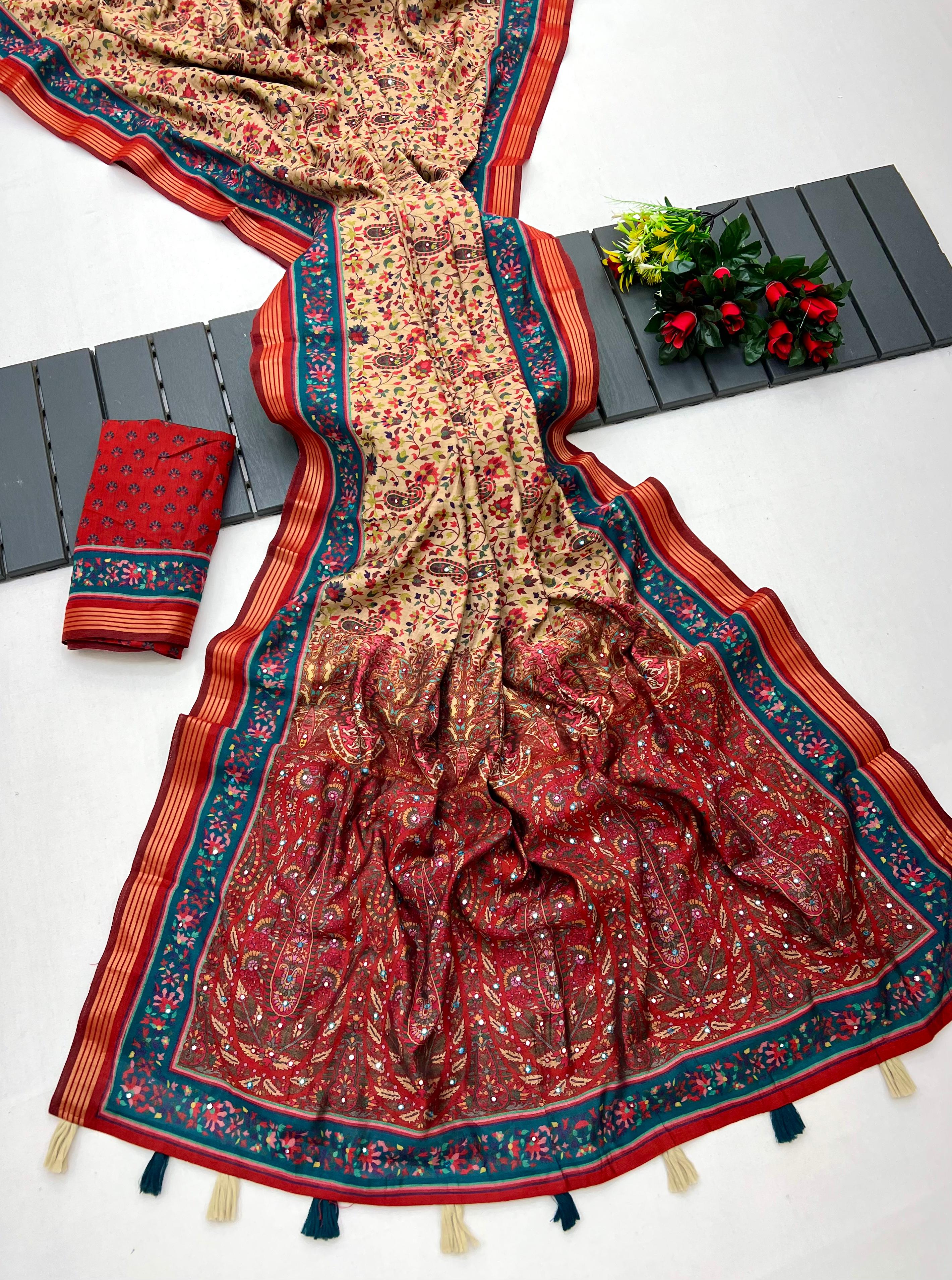Timeless Cream Ajrakh Kalamkari Pure Maslin Silk Saree with Mirror Work