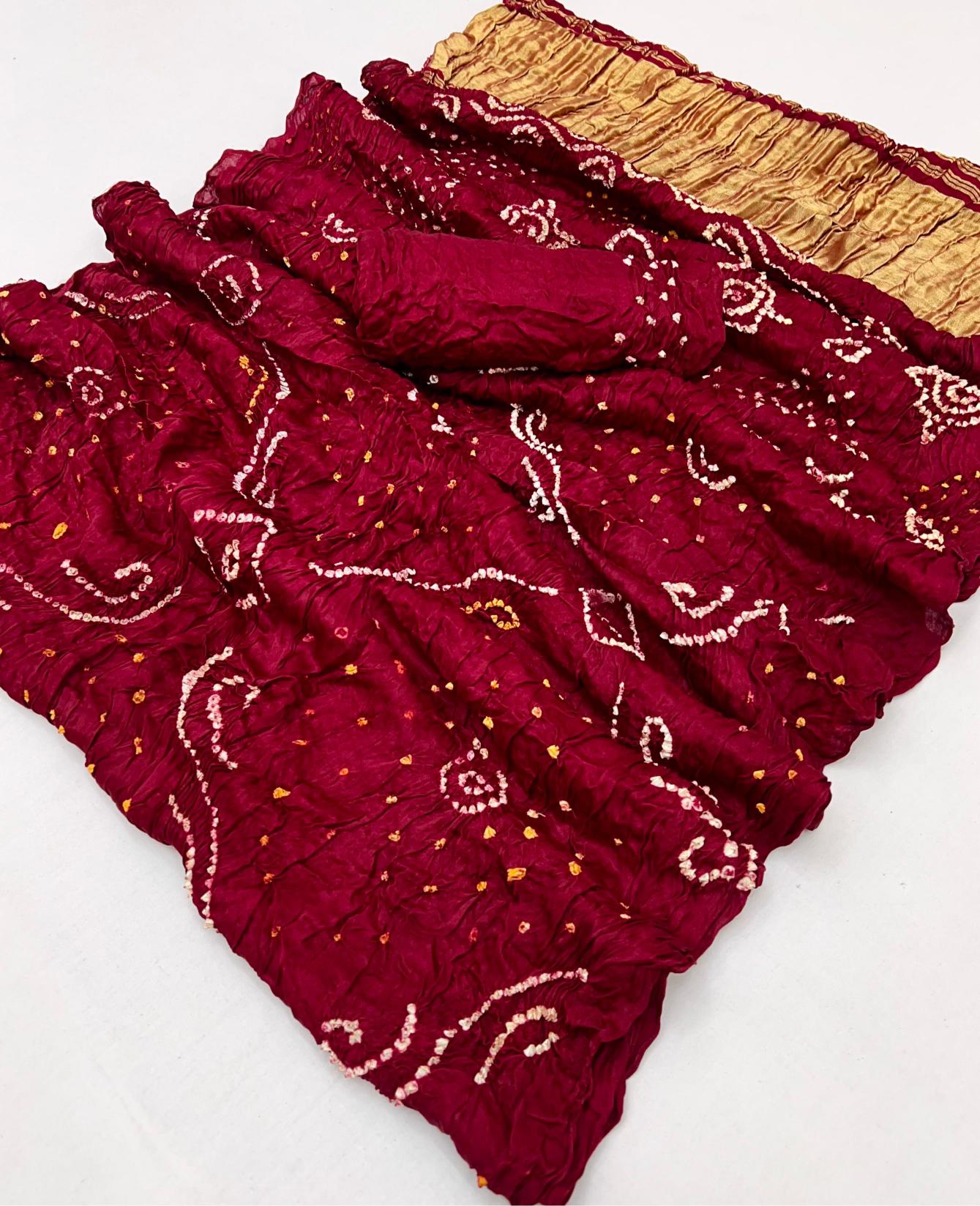 Rosewood Maroon Pure Bandhni Zari Pallu Modal Soft Silk Saree