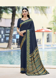 Bright Navy Blue The Royale Weave Printed Crepe Silk Saree