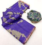 Blue Berry Printed Cotton Silk Saree With Blouse Piece
