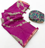 Carnation Purple Printed Cotton Silk Saree With Blouse Piece