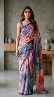 Mauve Purple Multicolor Ruby Crepe Fancy Digital Print Saree