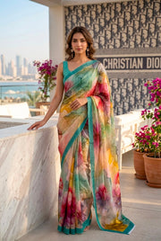 Aqua Green Multicolor Ruby Crepe Fancy Digital Print Saree
