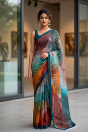 Dusty Lavender Multicolor Ruby Crepe Fancy Digital Print Saree