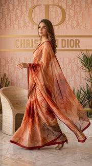 Blush Peach with Rust Red Multicolor Ruby Crepe Fancy Digital Print Saree