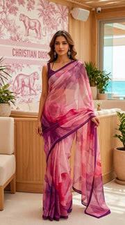 Dusty Rose Pink Multicolor Ruby Crepe Fancy Digital Print Saree