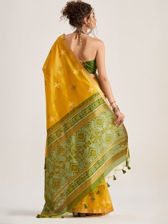 Pirate Yellow Patola Handloom Saree With Fancy Blouse