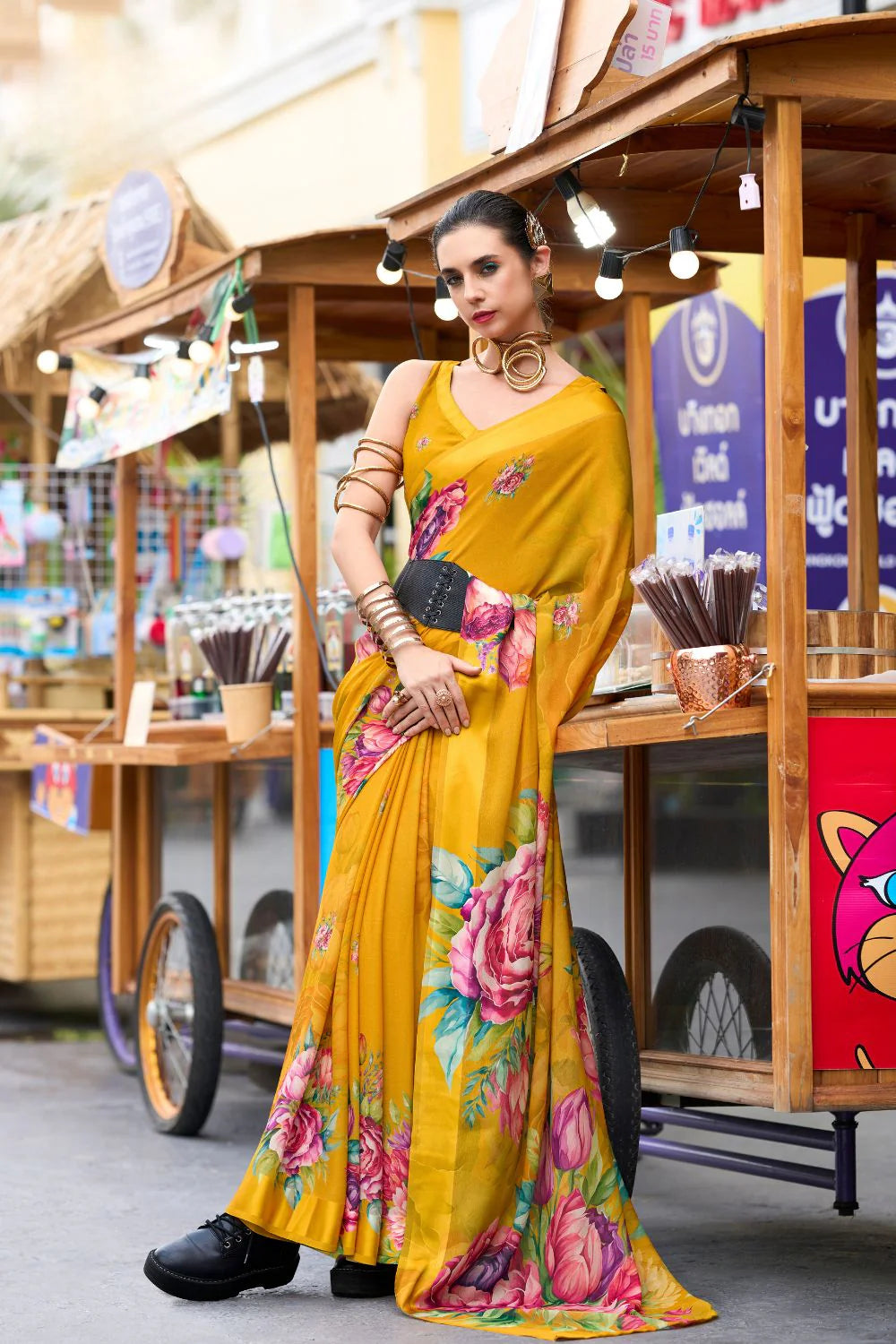 Flawless Mustard Floral Pure Georgette Saree