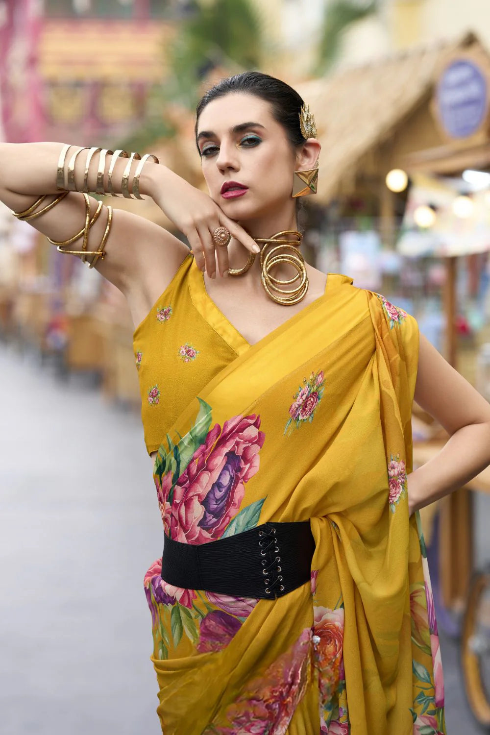 Flawless Mustard Floral Pure Georgette Saree