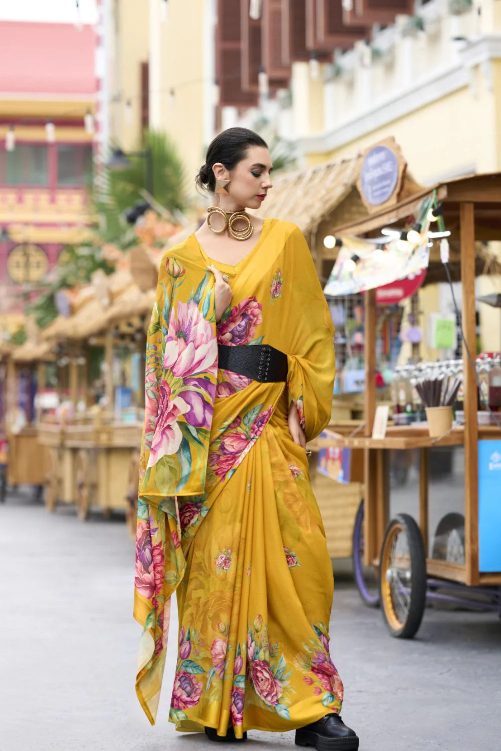 Flawless Mustard Floral Pure Georgette Saree