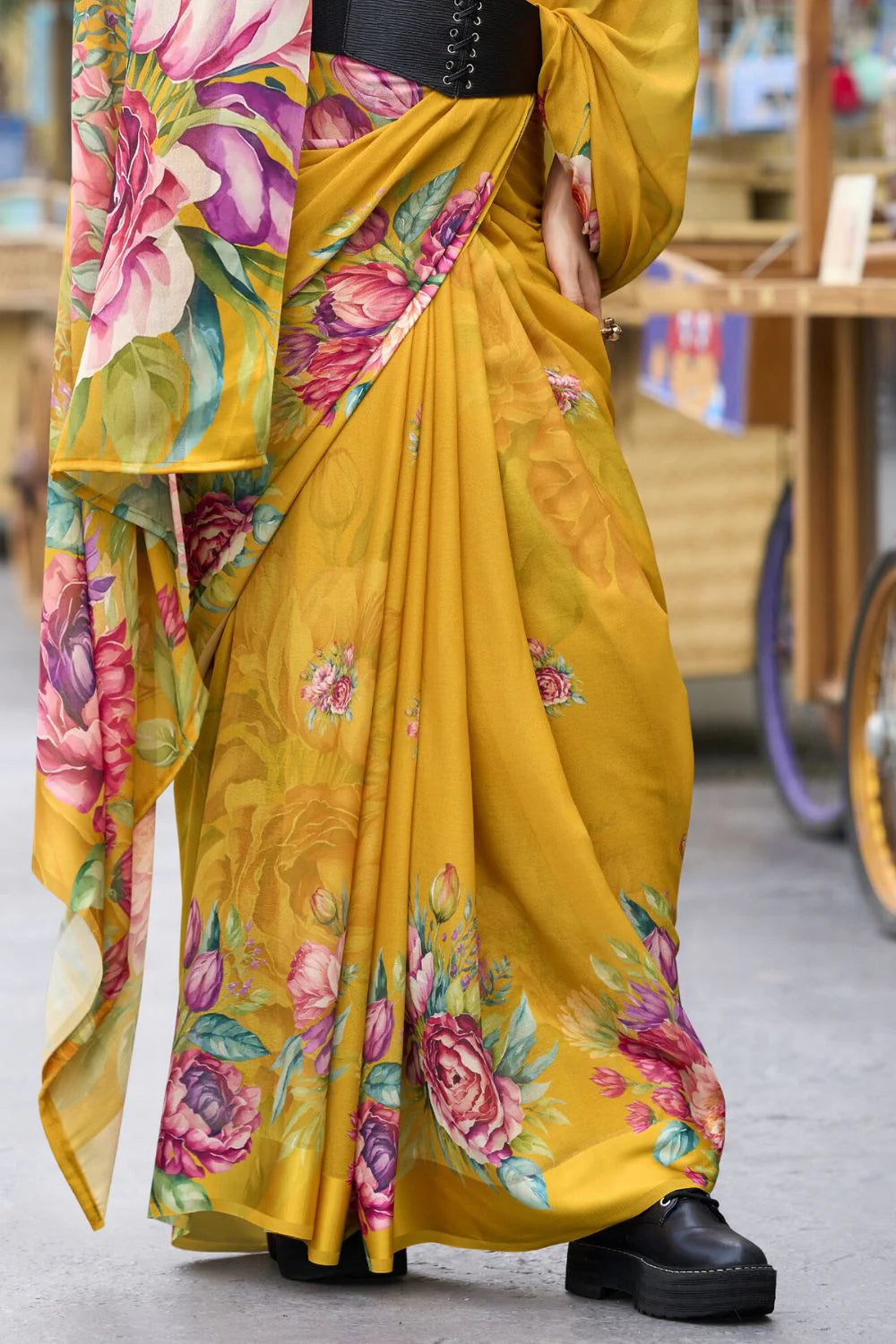 Flawless Mustard Floral Pure Georgette Saree