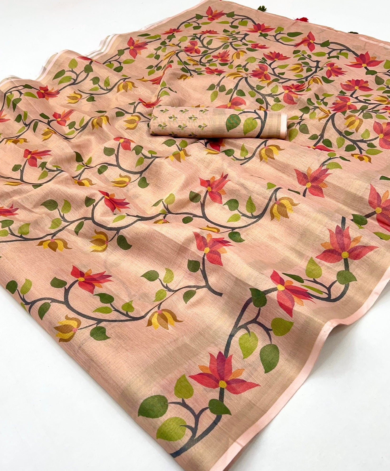 Pastel Peach Digital Printed Linen Soft Saree Blouse Piece