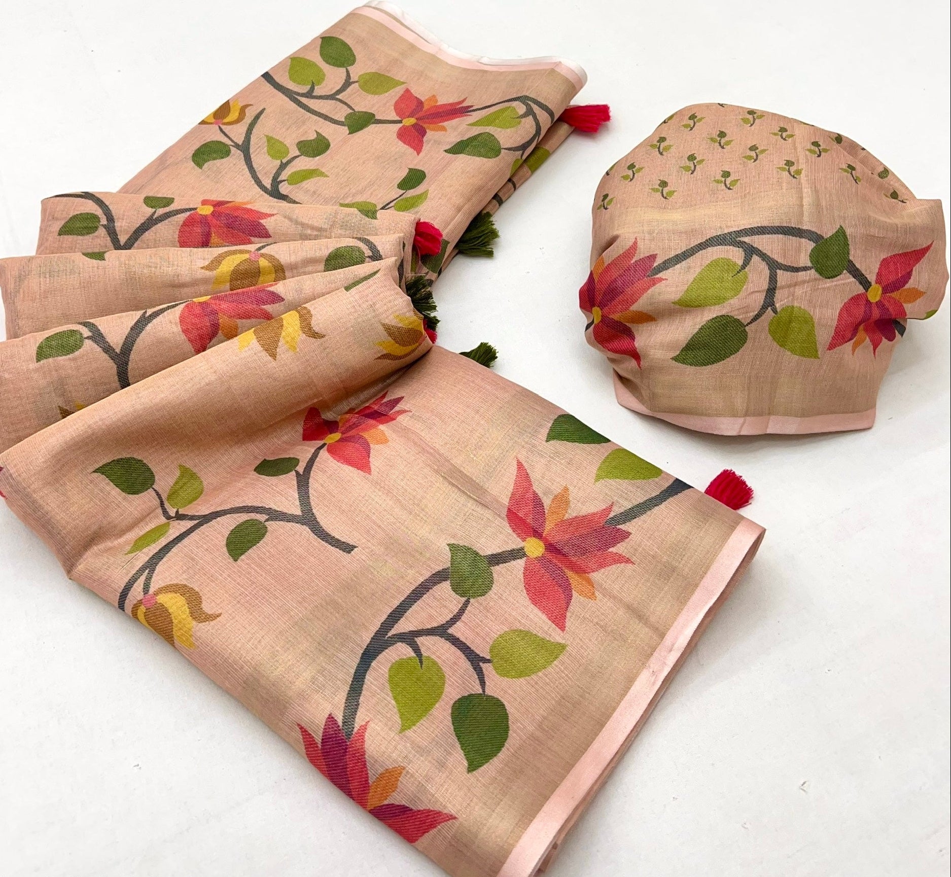 Pastel Peach Digital Printed Linen Soft Saree Blouse Piece