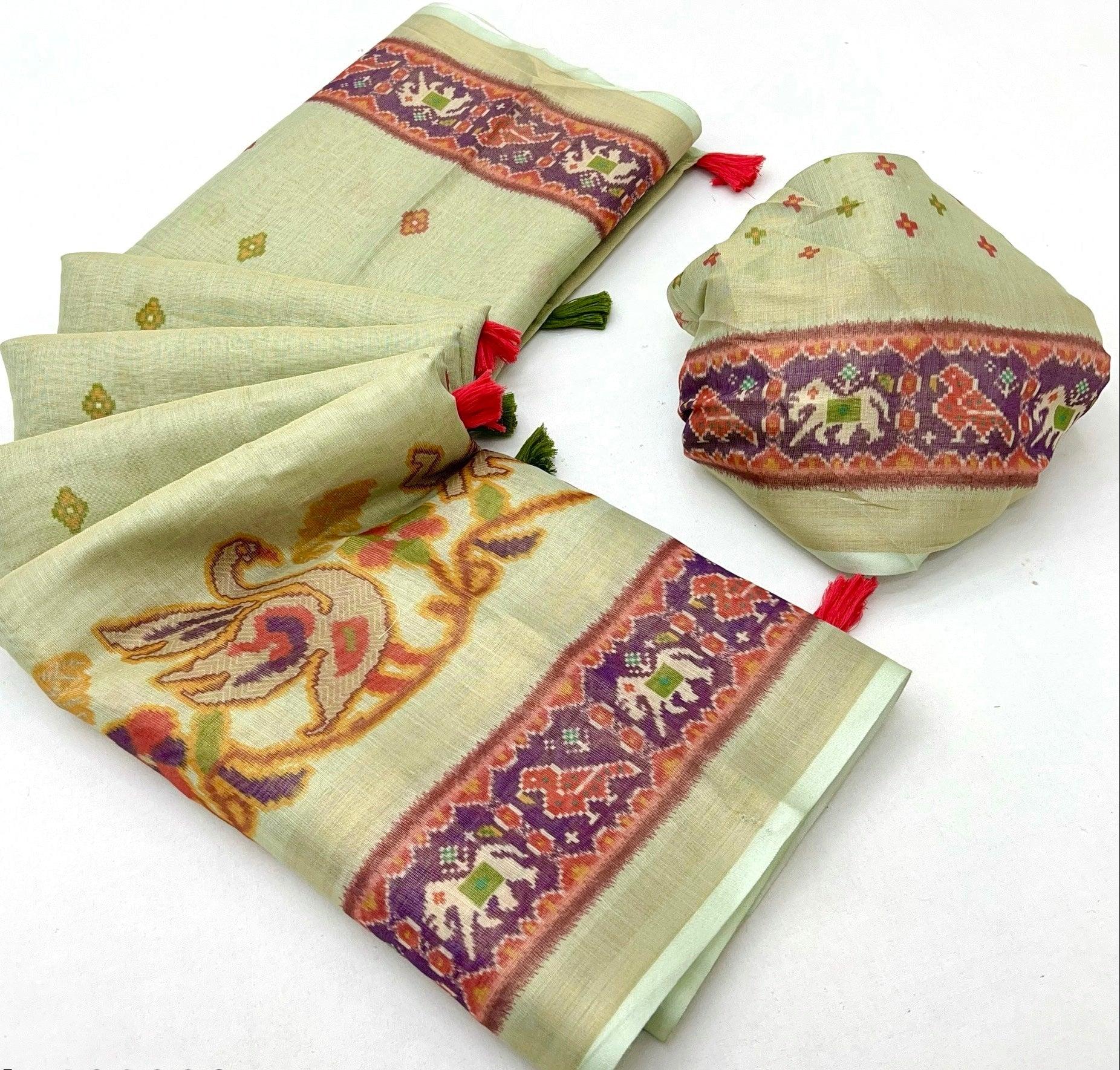 Comely Pista Digital Printed Linen Soft Saree