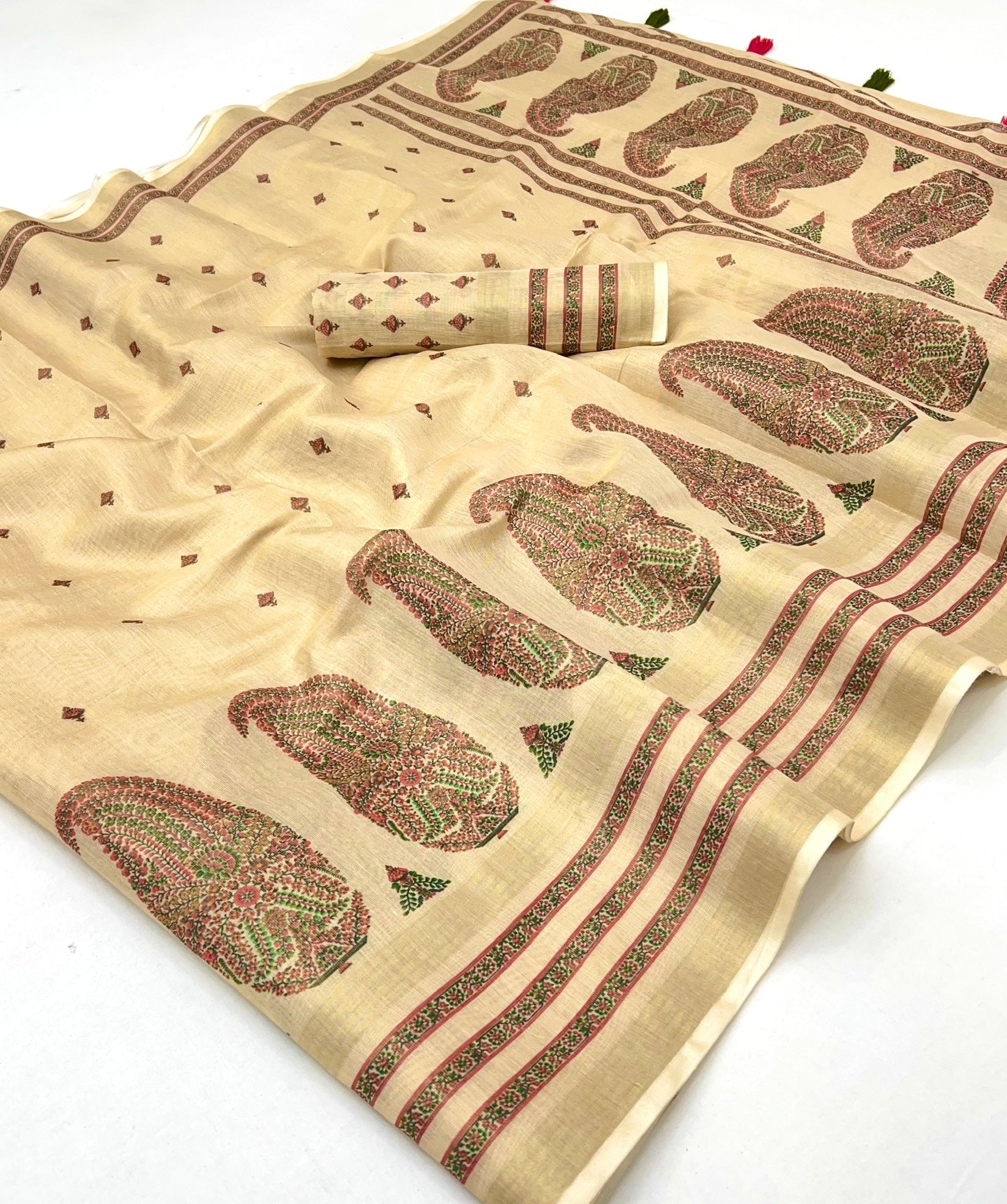 Coconut Cream Digital Printed Linen Soft Saree