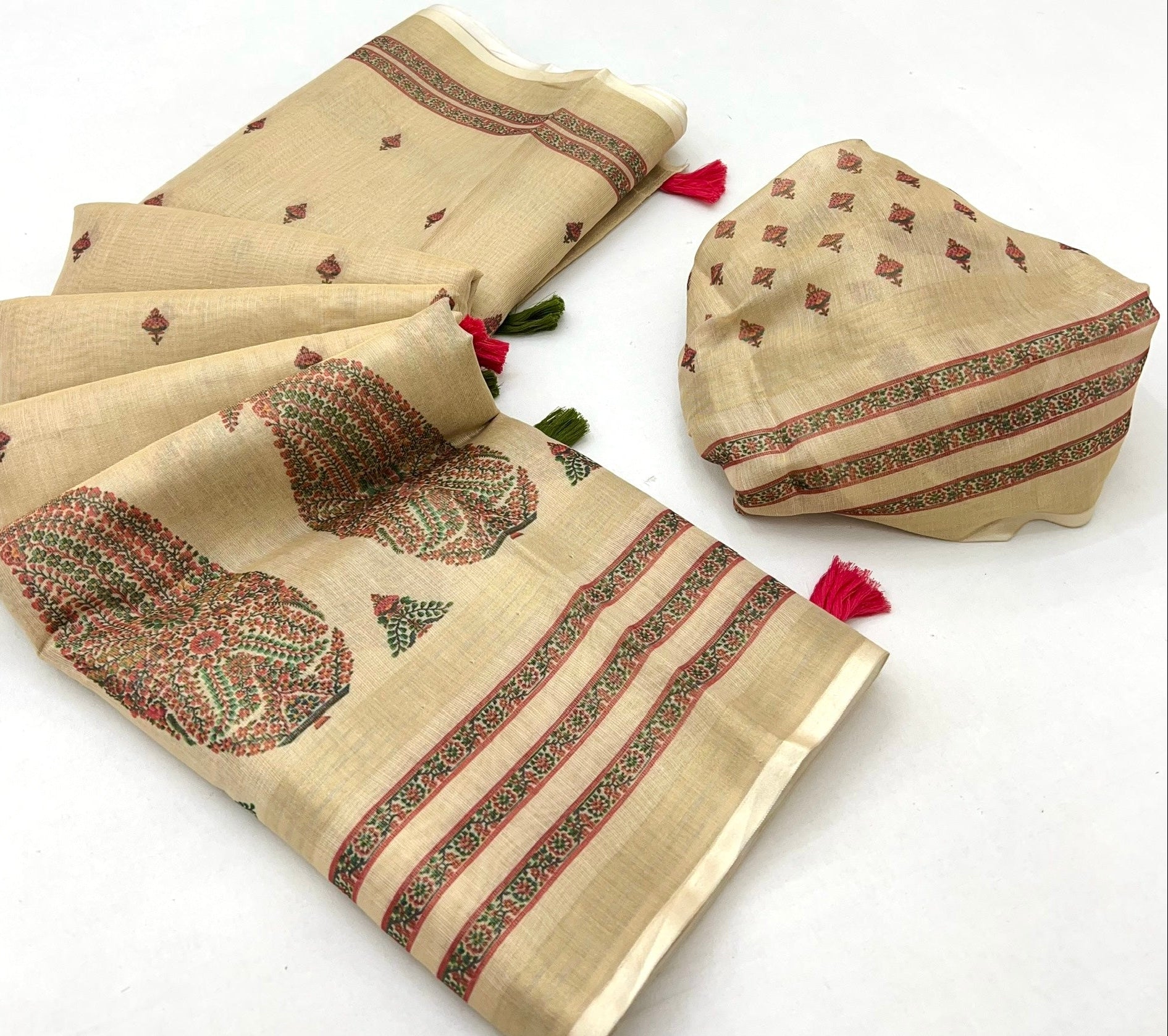 Coconut Cream Digital Printed Linen Soft Saree