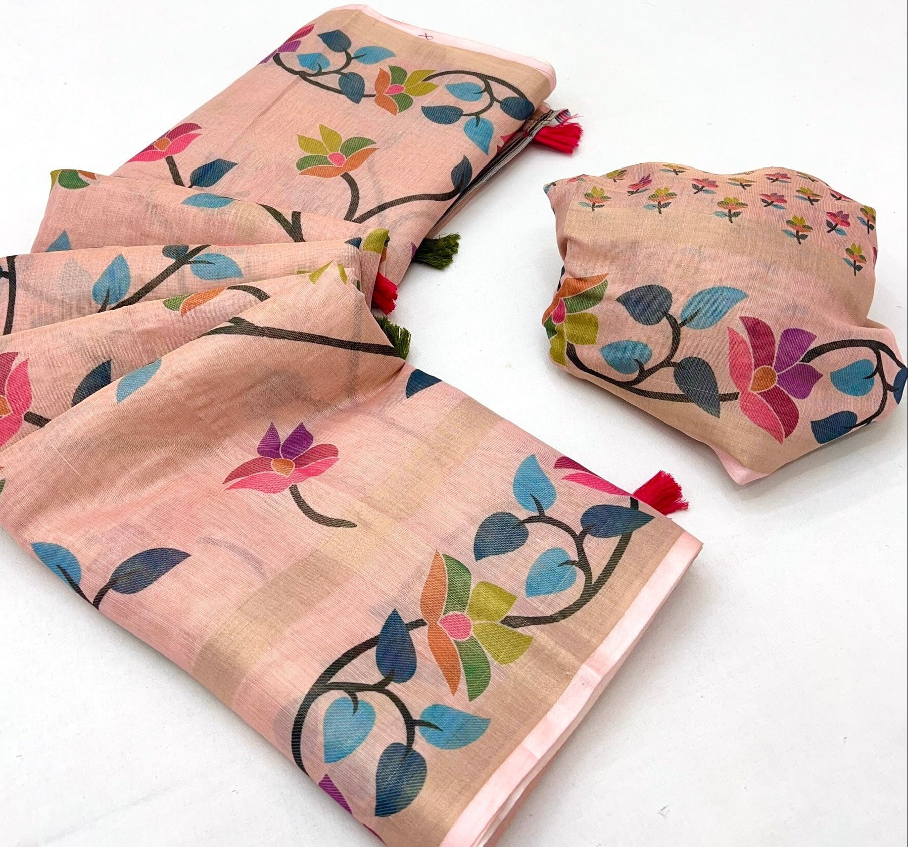 Apricot Peach Digital Printed Linen Soft Saree Blouse Piece